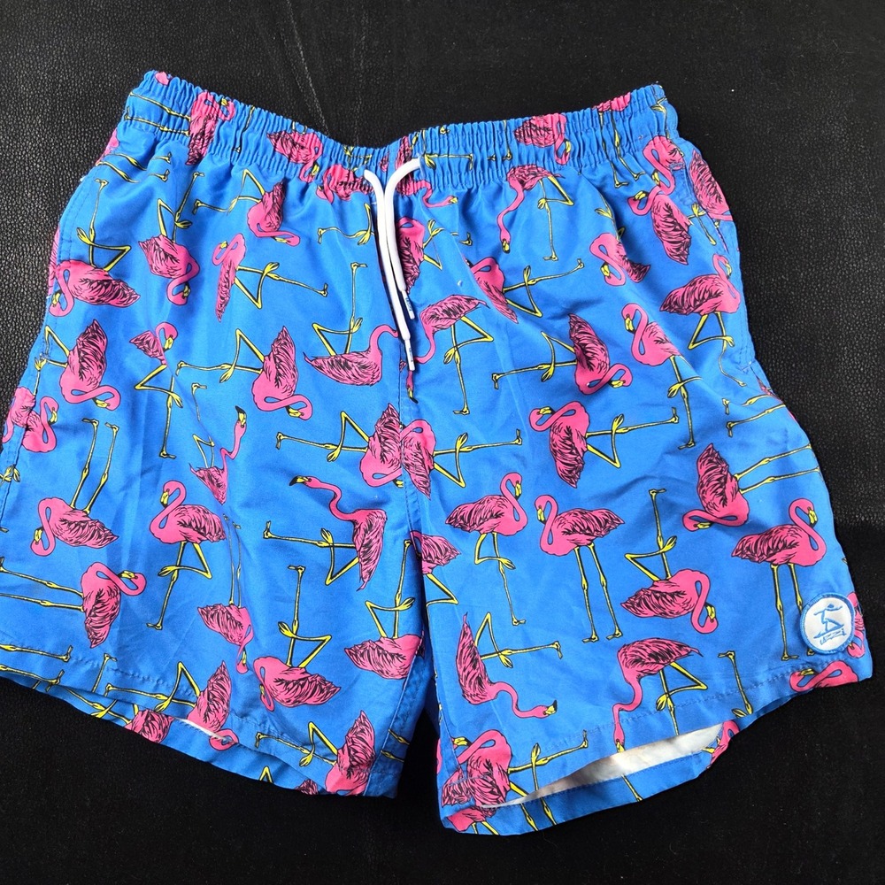 Uzzi The Land and Ocean Blue Pink Flamingo Swim Trunks Mens Large
